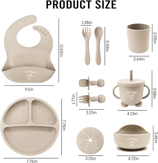 Tiny Tastes 10-Piece Silicone Baby Feeding Set – BPA-Free, Spill-Proof Suction Plate, Bowl, Bib, Snack Cup & Utensils | Dishwasher Safe, Baby Gift Ready (Beige)