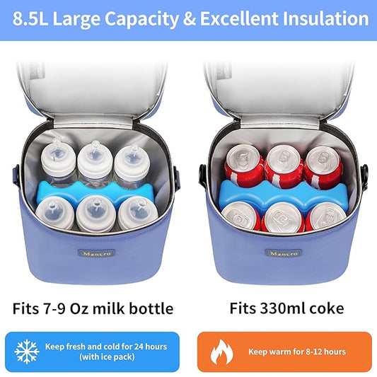Mancro Breastmilk Cooler Bag with Ice Pack Fits 6 Baby Bottles Up to 9 Ounce, Insulated Baby Bottle Bag with Strap for Nursing Mom Daycare, Blue