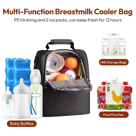 NCVI Breastmilk Cooler Bag with 2 Ice Pack, Breast Pump Bag with Cooler Fits 6 Bottles, Double Layer Breast Milk Travel Bag Baby Bottle, for Travel, Nursing Mom Daycare, Work, Picnic (Black)