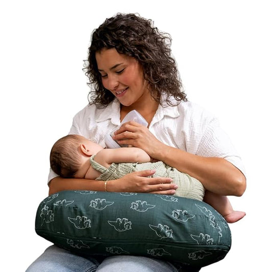 Boppy Nursing Pillow - Firm, Ergonomic U-Shaped Bottle and Breastfeeding Pillow with High Lift for Comfort and Support, Spacious Surface - Forest Green Dinos