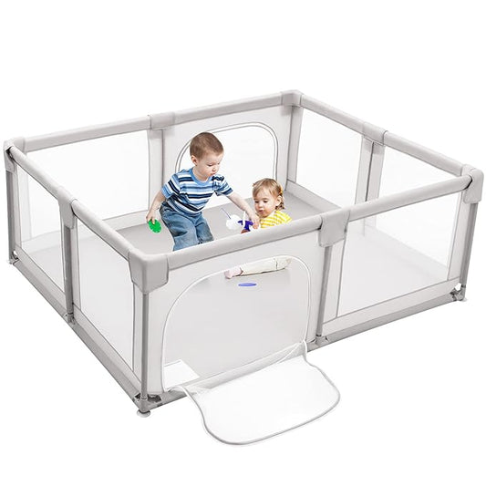 Costzon Baby Playpen, Extra Large Playard for Babies, Infant Safety Gates Indoor Outdoor, Children's Fences with Anti-Slip Suckers/Gates/Breathable Mesh Walls (75'' x 59'' x 27.5'', Grey)