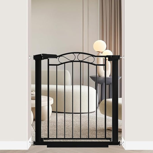 Fairy Baby 29.53"-32.28" Wide Baby Gate with Door, Walk Through Baby Gates for Stairs Pressure Mounted no Drill, Indoor Tension Metal Pet Dog Gate, Auto Close Child Safety Gate, Black