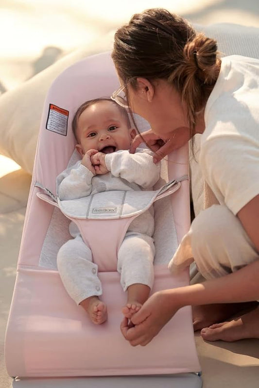 BabyBjörn Bouncer Balance Soft, Woven/Jersey, Light Pink/Grey | 2-in-1 Adjustable Baby Bouncer Seat and Toddler Chair, Newborn to Toddler (8-29 lbs), 4 Positions, Lightweight & Portable