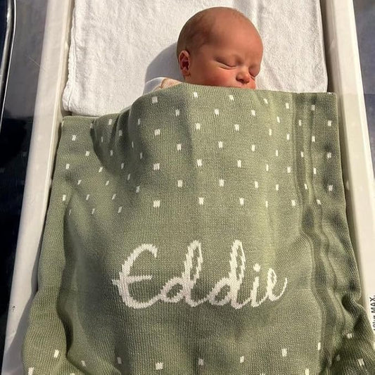 Personalized Spots Name Blanket – 100% Organic Cotton Customized Baby Blanket, Custom Name, Crib 36x60, Gift for Baby Shower, Birthday Present, Girls and Boys, Toddlers Kids, Made In America