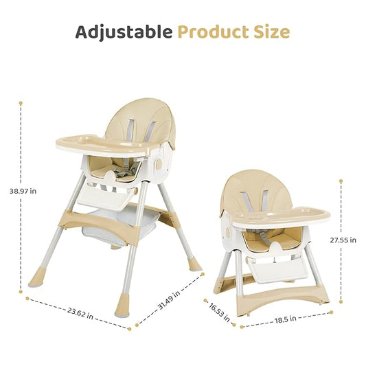 6-in-1 Foldable Baby High Chair for Babies & Toddlers – Adjustable Height & Recline, 5-Point Safety Harness, Removable Tray | Portable Highchair, Space-Saving & Easy Clean | Silla de Comer para Bebé
