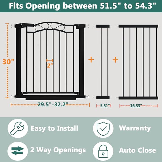 Fairy Baby 51.6"-54.3" Extra Wide Baby Gate with Door, 52 53 54 Inches Walk THR Baby Gates for Stairs Pressure Mounted no Drill, Indoor Tension Metal Child Pet Dog Safety Gate for Kids, Black