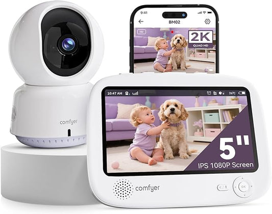 Hybrid Video No WiFi & Smart WiFi Baby Monitor - 5" 1080P Split Screen & 2K Camera App Control, Motion Alerts, Sound Detection, HD Night Vision, 5050mAh Battery,Triple Security, 1600ft Range