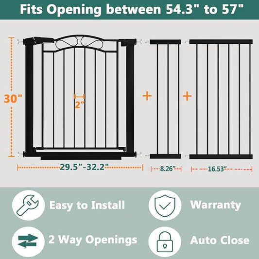 Fairy Baby 54.4"-57.0" Extra Wide Baby Gate with Door, 55 56 57 Inches Walk THR Baby Gates for Stairs Pressure Mounted no Drill, Indoor Tension Metal Child Pet Dog Safety Gate for Kids, Black