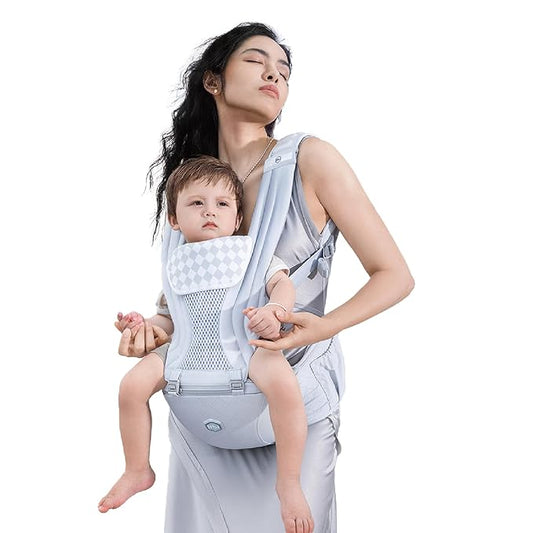HBR Ergonomic Baby Carrier with Hip Seat, 2-in-1 Front Facing Infant & Toddler Carrier, Air-Padded Shoulder Support, Hands-Free Design, Fits Waists up to 47 Inches, Silve Mist White