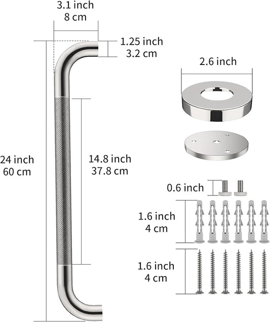 2 Pack 24 Inch Anti Slip Shower Grab Bar Handles, ZUEXT Chrome Stainless Steel Knurled Bathroom Balance Bar, Safety Hand Rail Support,Handicap Elderly Injury Senior Assist Bath Handle(1.25" Diameter)