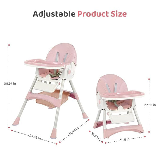 6-in-1 Foldable Baby High Chair for Babies & Toddlers – Adjustable Height & Recline, 5-Point Safety Harness, Removable Tray | Portable Highchair, Space-Saving & Easy Clean | Silla de Comer para Bebé