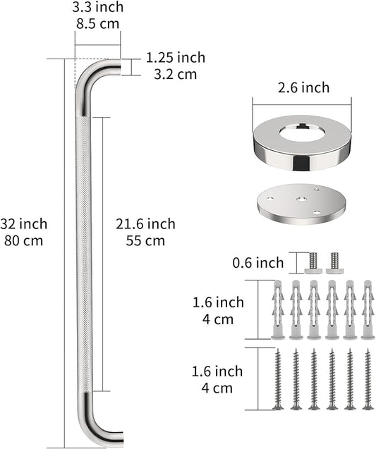 2 Pack 32 Inch Anti Slip Shower Grab Bar Handles, ZUEXT Chrome Stainless Steel Knurled Bathroom Balance Bar, Safety Hand Rail Support,Handicap Elderly Injury Senior Assist Bath Handle(1.25" Diameter)