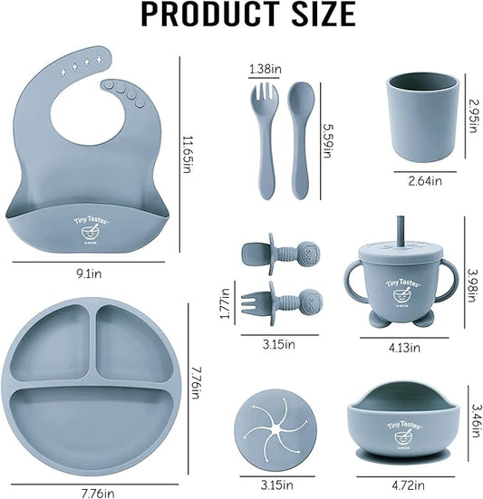 Tiny Tastes 10-Piece Silicone Baby Feeding Set – BPA-Free, Spill-Proof Suction Plate, Bowl, Bib, Snack Cup & Utensils | Dishwasher Safe, Baby Gift Ready (Blue)