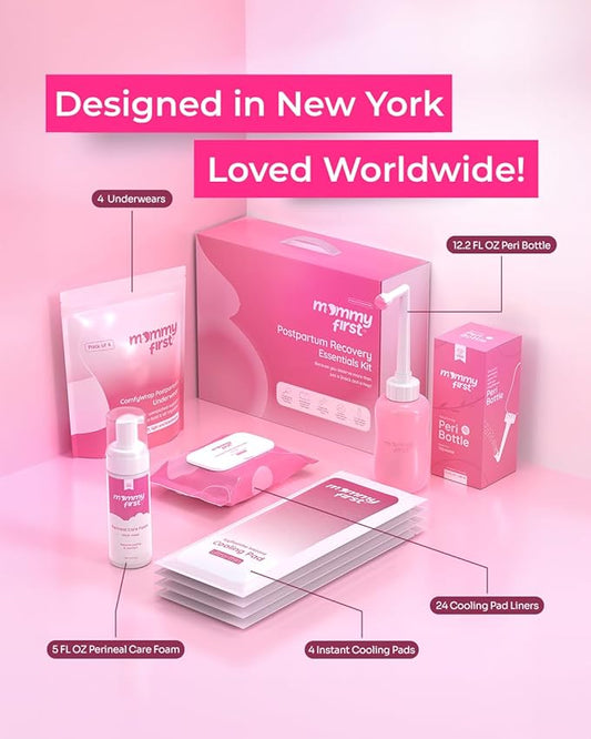 Mommy First® Postpartum Essentials Recovery Kit – Next-Gen Perineal Ice Packs, Alcohol-Free Witch Hazel Healing Foam and Liners, Upside Down Peri Bottle & Postpartum Underwear for Postpartum Recovery