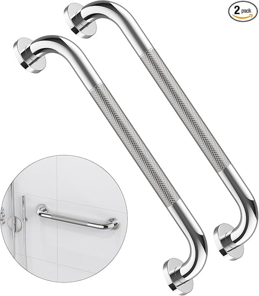 2 Pack 16 Inch Anti Slip Shower Grab Bar Handle, ZUEXT Chrome Stainless Steel Bathroom Grab Bar, Knurled Bathroom Balance Bar,Safety Hand Rail Support,Handicap Elderly Injury Senior Assist Bath Handle