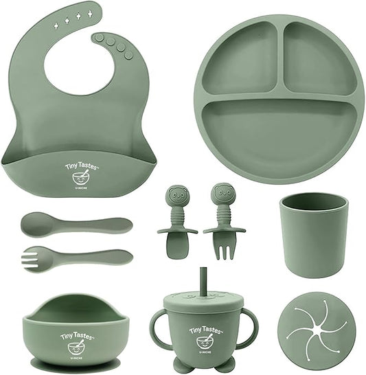 Tiny Tastes 10-Piece Silicone Baby Feeding Set – BPA-Free, Spill-Proof Suction Plate, Bowl, Bib, Snack Cup & Utensils | Dishwasher Safe, Baby Gift Ready (Green)