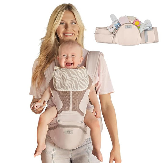 MOMTORY StowNGO Pro Baby Carrier, Safety-Certified 6-in-1 Ultra Storage Baby Carrier Newborn to Toddler, Front & Back Baby Holder Carrier with Hip Seat, Soft Pink