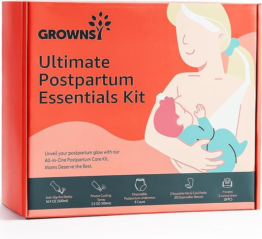 GROWNSY Postpartum Essentials Recovery Kit for Women After Birth, Includes 8 Self-Absorbent Postpartum Disposable Underwear, Peri Bottle, Perineal Spray, 28 Cooling Pad Liners, 2 Post Partum Ice Packs