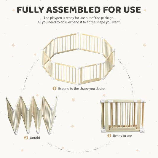 OMZER 64x64 Inch Baby Wooden Playpen - Foldable Baby Gate Pen for Babies and Toddlers - Portable Play Fence No-Tools No-Installation for Indoor & Outdoor - Adjustable Extra Large Play Yard for Kids