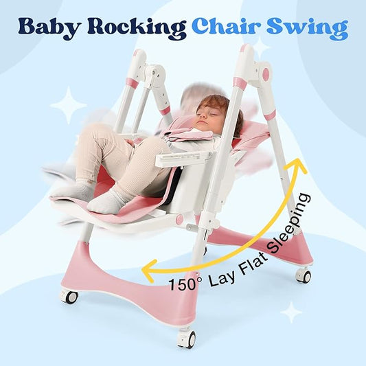 6-in-1 Baby High Chair with Soothing Rocker | Baby High Chair for Infants & Toddlers | Easy Clean, Space Saving Design | Adjustable, Removable Tray, Easy Assembly (Pink)