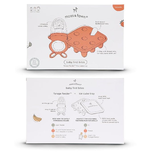 Moss and Fawn Baby's First Bites Bundle - Silicone Frozen Breast Milk Popsicle Kit with Forage Feeder & Teething Popsicle Ice Cube Tray - BPA, PVC, & Lead-Free - Terracotta