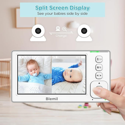 Blemil Baby Monitor with 2 Cameras and Audio, 4.3'' IPS Split-Screen Monitor with 29-Hour Battery, 1000ft Range Pan-Tilt-Zoom Video Baby Monitor No WiFi, 2X Zoom