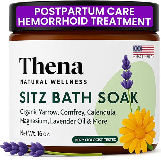 Best Organic Sitz Bath Soak Postpartum Care and Post Partum Essentials, Natural Hemorrhoid Treatment for Women & Moms with Epsom Dead Sea Salt Witch Hazel, Sitz Bath for Toilet, Thena