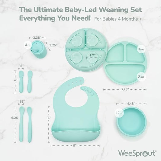 WeeSprout Baby Led Weaning Bundle, Silicone Suction Bowl, Spoons, Bib & Cup, Develops Self Feeding Skills, Dishwasher Safe (Pink)