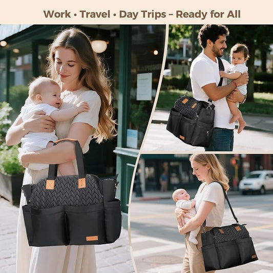 Lekebaby Diaper Bag Tote for Baby - 17 Pockets Large Travel Diaper Tote with Portable Changing Pad, Mom Crossbody Hospital Bag for Labor Delivery, Waterproof, Baby Essentials for Newborn Gifts, Twill