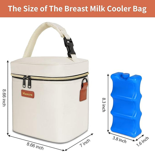 Mancro Breastmilk Cooler Bag with Ice Pack, Fits 6 Insulated Baby Bottles Up to 9 Ounce, Breast Milk Cooler for Nursing Mom (Cream)