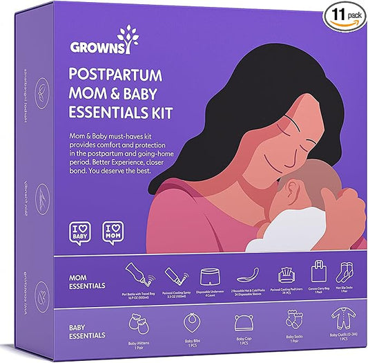 Grownsy Postpartum Mom & Baby Essential Kits, Postpartum Recovery Kit for Labor &Delivery with Hospital Essentials for Women After Birth with PERI Bottle, Herbal Cooling Spray, Herbal Cooling Liner