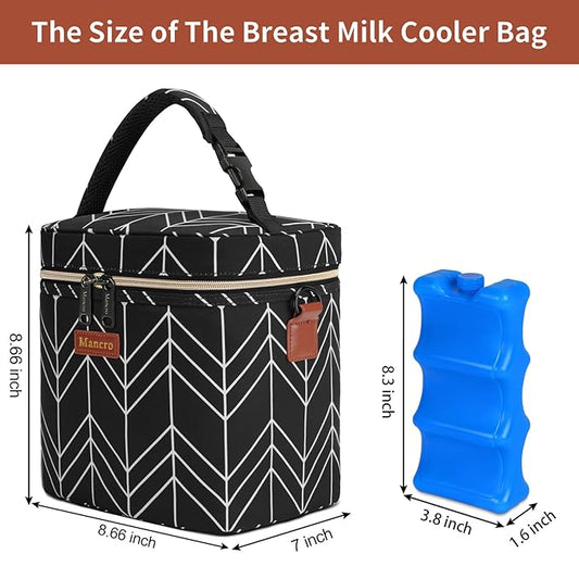 Mancro Breastmilk Cooler Bag, Insulated with Ice Pack, Fits 6 Baby Bottles Up to 9 Oz with On-The-Go Strap, Perfect for Nursing Moms and Daycare, Black Wave
