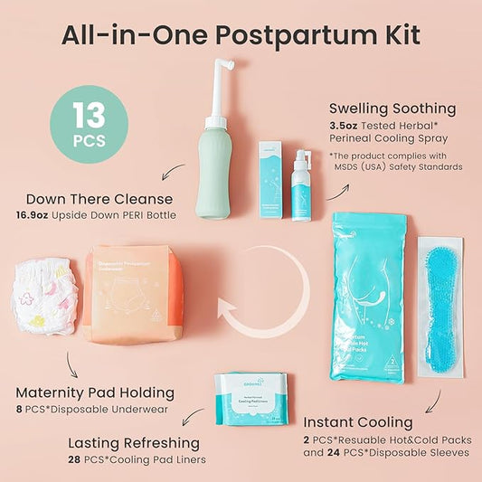GROWNSY Postpartum Essentials Recovery Kit for Women After Birth, Includes 8 Self-Absorbent Postpartum Disposable Underwear, Peri Bottle, Perineal Spray, 28 Cooling Pad Liners, 2 Post Partum Ice Packs