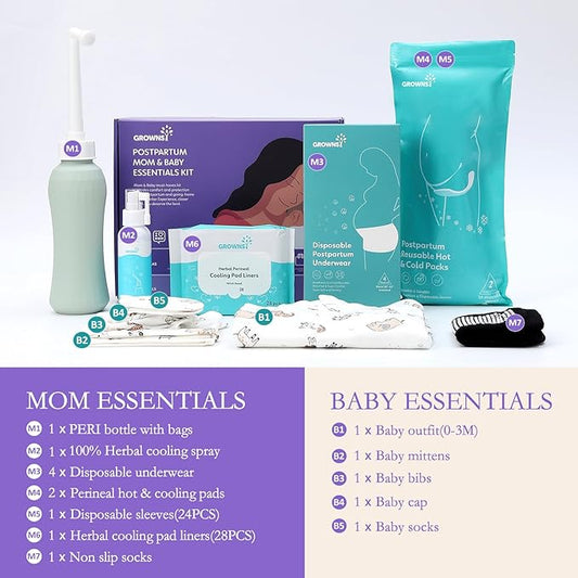Grownsy Postpartum Mom & Baby Essential Kits, Postpartum Recovery Kit for Labor &Delivery with Hospital Essentials for Women After Birth with PERI Bottle, Herbal Cooling Spray, Herbal Cooling Liner