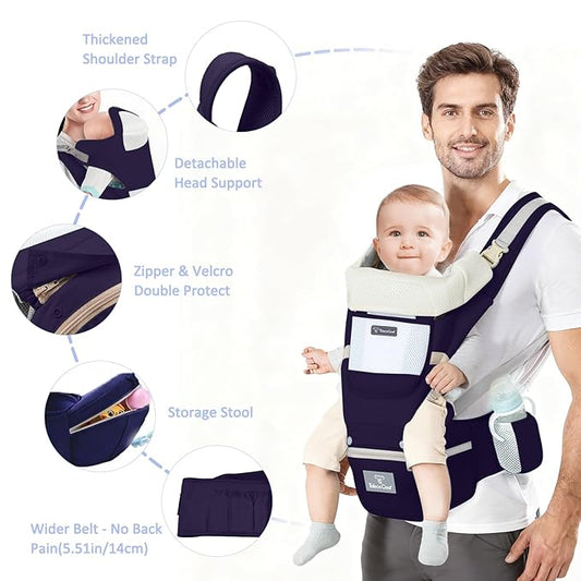 Baby Carrier Newborn to Toddler, Ergonomic M Position 6 in1 Baby Carrier with Hip Seat, Adjustable Detachable Baby Hip Carrier, All Seasons, for Babies 7–45 lbs
