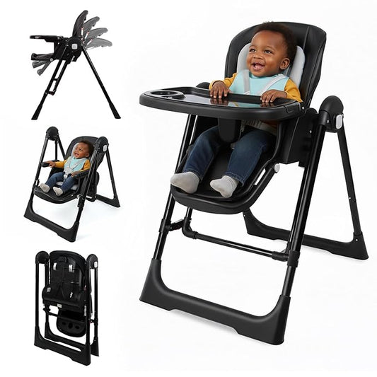 High Chairs for Babies and Toddlers Foldable High Chair Adjustable with Reclining Seat & Leg Rest, 3-in-1 Convertible Baby Swings with Tool-Free Assembly (Black)
