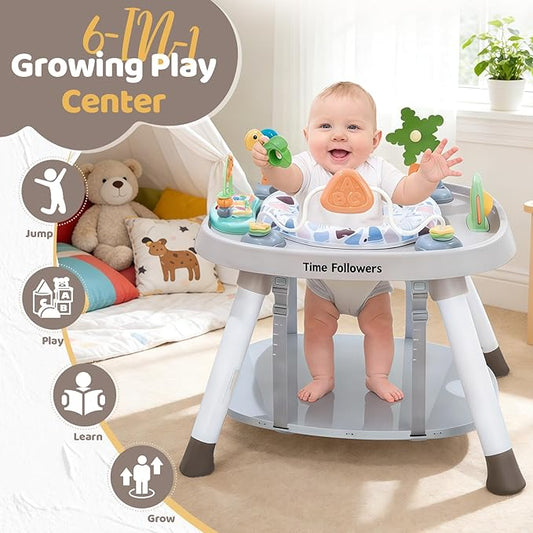 Time Followers® 6-in-1 Baby Activity Center | 4 Stage Montessori-Inspired Design | Grow Stationary Standing Toddler Table | Jumpers & Bouncers | Must Have for Boy & Girl 6, 12, 24+ Month Old (Beige)