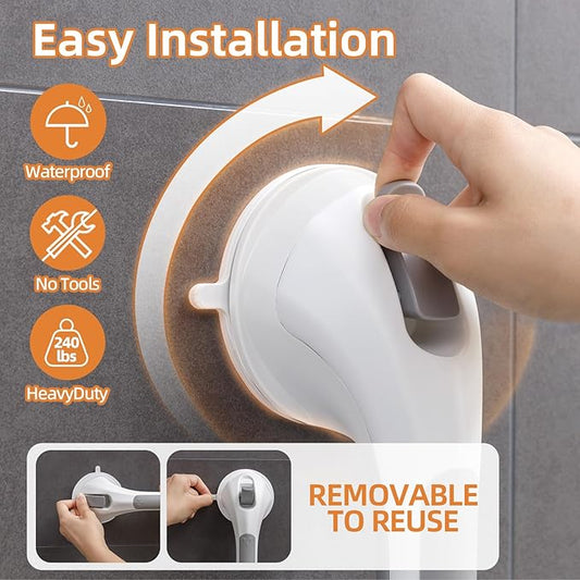 Shower Handle 1 Pack, 17 Inch Grab Bar for Bathtubs and Showers, Strong Suction Cup Safety Handrail for Seniors, Elderly, Injury Recovery, No Drilling Waterproof Bathroom Grip, Grey