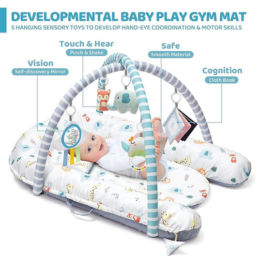 Baby Play Mat, 7-in-1 Infant Gym Mat for Sensory and Motor Development, Washable & Portable Newborn Tummy Time Activity Mat for Home & Travel, Babies Gift for 0-3-6-9-12-18 Months