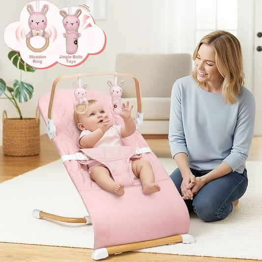 Portable Baby Bouncer, Bouncer Seat for Babies 0-12 Months, 3 Recline Positions, Foldable Baby Rocker Chair with Removable Wooden Bar, Pink