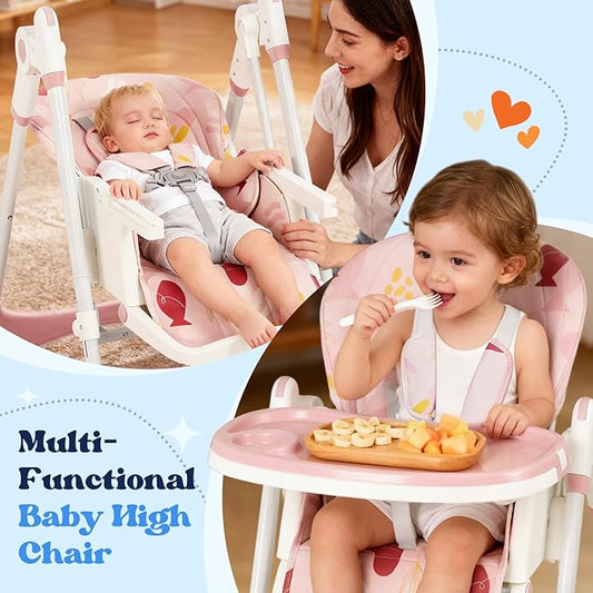 6-in-1 Baby High Chair with Soothing Rocker | Baby High Chair for Infants & Toddlers | Easy Clean, Space Saving Design | Convertible,Adjustable,Removable Tray, Easy Assembly,(Floral Dust Pink)