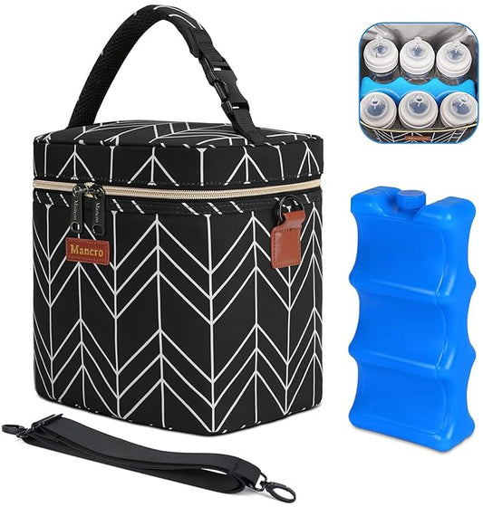 Mancro Breastmilk Cooler Bag, Insulated with Ice Pack, Fits 6 Baby Bottles Up to 9 Oz with On-The-Go Strap, Perfect for Nursing Moms and Daycare, Black Wave