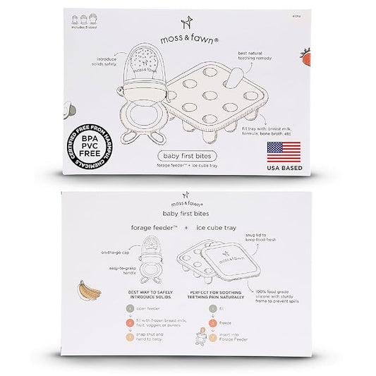 Moss and Fawn Baby's First Bites Bundle - Silicone Frozen Breast Milk Popsicle Kit with Forage Feeder & Teething Popsicle Ice Cube Tray - BPA, PVC, & Lead-Free - Ecru