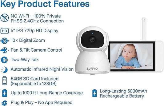 Baby Monitor, 5" 720p IPS Display, No Wi-Fi Hack-Proof, Long-Range, 5000mAh Battery, Night Vision, VOX Cry Detection, Two-Way Talk, PTZ Camera, Loop Recording, 64GB SD Card Included