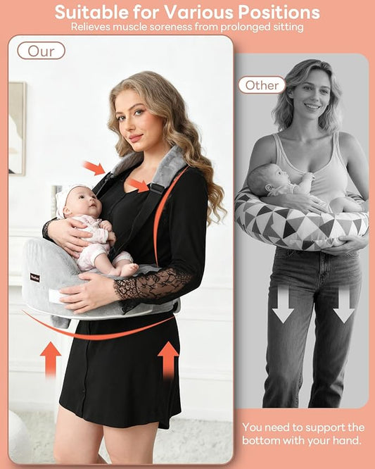 Nursing Pillow for Standing/Sitting Use- Springy Memory Foam for Support & Comfort, Large Breast Feeding Pillow - Safety Fence, Adjustable Waist Belt and Support Backrest, Removable Cover with Pocket