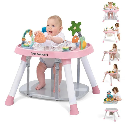 Time Followers® 6-in-1 Baby Activity Center | 4 Stage Montessori-Inspired Design | Grow Stationary Standing Toddler Table | Jumpers & Bouncers | Must Have for Boy & Girl 6, 12, 24+ Month Old (Pink)