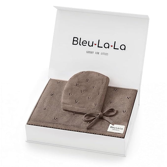Bleu La La Baby Gift Set - Organic Cotton Newborn Blanket Essentials, Thoughtful Baby Shower & New Baby Gift for Boys & Girls (Pointelle - Milk Chocolate)