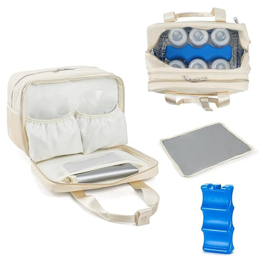 GEMIU Breastmilk Cooler Bag with Ice Pack,Fits 6 Baby Bottles Up to 9 Ounce Breast Milk Cooler Travel Bag Compatible with Wearable Breast Pumps & Accessories for Nursing Mom Daycare Cream