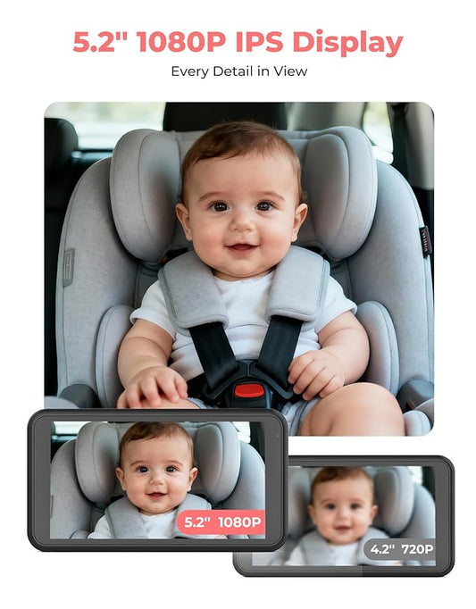 LUKVIEW BM2A Car Camera Baby Monitor, 5.2" 1080P HD Screen with 3X Zoom & IR Night Vision, Baby Car Camera for Rear Facing Seats, Easy Install for Girls, Parents and Pet Lovers