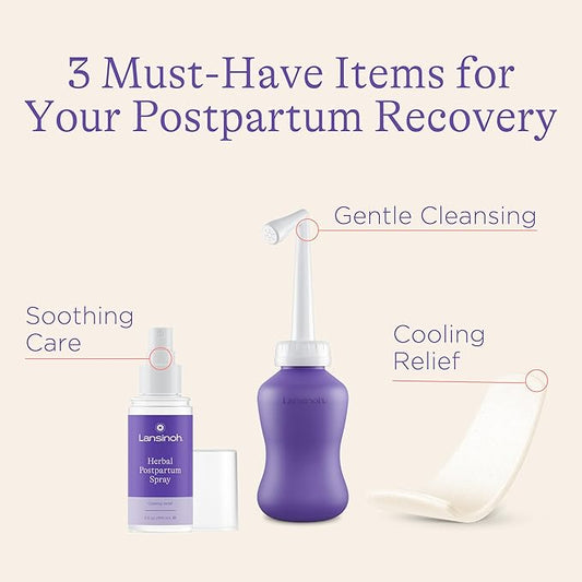 Lansinoh Postpartum Recovery Essentials Kit | 8-Piece New Mom Gift Set with Peri Bottle, Herbal Spray & Ice Packs for Soothing After Birth Care